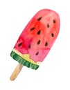 Delicious ice cream on stick made from watermelon juice. Watercolor illustration of dessert for seasonal cafe menu. Diet snack.