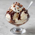 Delicious ice cream sundae with chocolate syrup and toppings. Royalty Free Stock Photo