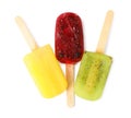 Delicious ice pops on white background, top view. Fruit popsicle Royalty Free Stock Photo