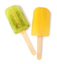 Delicious ice pops on white background, top view. Fruit popsicle Royalty Free Stock Photo