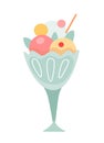 Delicious icecream flat vector illustration. Sweet gelato balls with chocolate and fruity icing in glass cup. Sweet