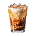 Delicious iced coffee with ice cubes isolated on white background, cold iced latte caramel coffee drink in glass cup and ice cubes