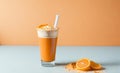 Delicious Iced latte or cappuccino in a glass on an orange background space for copy