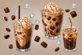 delicious iced latte coffee drink in glasses with ice cubes