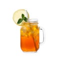 Delicious iced tea in mason jar on white background