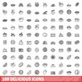 100 delicious icons set, outline style