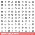 100 delicious icons set, outline style