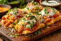 Delicious Indian Chaat Cuisine Samosa Chaat with Chickpeas, Yogurt, and Fresh Herbs on Wooden Serving Board