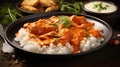 Delicious Indian dishes with chicken and curry in oil with rice