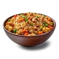 Delicious Indonesian Nasi Goreng in a Bowl on White Background .