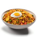 Delicious Indonesian Nasi Goreng in a Bowl on White Background .