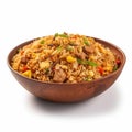 Delicious Indonesian Nasi Goreng in a Bowl on White Background .