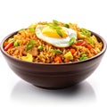 Delicious Indonesian Nasi Goreng in a Bowl on White Background .