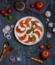 Delicious italian caprese salad with ripe tomatoes, fresh basil and mozzarella cheese on wooden rustic background. Italian caprese Royalty Free Stock Photo