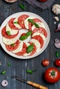 Delicious italian caprese salad with ripe tomatoes, fresh basil and mozzarella cheese on wooden rustic background. Italian caprese Royalty Free Stock Photo