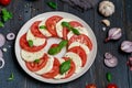 Delicious italian caprese salad with ripe tomatoes, fresh basil and mozzarella cheese on wooden rustic background. Italian caprese Royalty Free Stock Photo