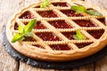 Delicious Italian crostata pie with cherries and mint closeup. h