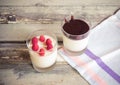 Delicious italian dessert panna cotta with fresh raspberry and chocolate syrup Royalty Free Stock Photo