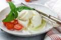 Delicious Italian fresh burrata cheese with arugula salad, cherry tomatoes and olive oil