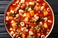 Delicious Italian Pasta fagioli soup with vegetables and ground beef close-up in a bowl. Horizontal top view Royalty Free Stock Photo