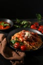 Delicious Italian pasta, Tomato Spaghetti with blurred dark dining table