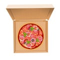 Delicious italian pizza with salami in box isolated on whiteIllustration.