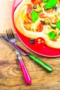 Delicious italian pizza served wooden table Royalty Free Stock Photo