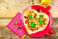 Delicious italian pizza served wooden table Royalty Free Stock Photo