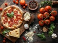 Delicious italian pizza served on wooden table, Composition With Pizza Crust And Ingredients Royalty Free Stock Photo