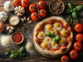 Delicious italian pizza served on wooden table, Composition With Pizza Crust And Ingredients Royalty Free Stock Photo