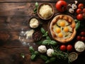 Delicious italian pizza served on wooden table, Composition With Pizza Crust And Ingredients Royalty Free Stock Photo