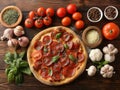 Delicious italian pizza served on wooden table, Composition With Pizza Crust And Ingredients Royalty Free Stock Photo