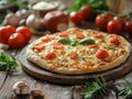 Delicious italian pizza served on wooden table, Composition With Pizza Crust And Ingredients Royalty Free Stock Photo