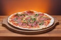 Delicious italian pizza served on wooden table Royalty Free Stock Photo