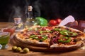 Delicious italian pizza served on wooden table. sliced pizza. hot steam on pizza and place for text. copy space Royalty Free Stock Photo