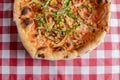 Delicious italian pizzas served on wooden table with red plaid table cloth Royalty Free Stock Photo