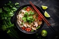 vegetable meat meal food background noodle asian japanese hot bowl soup. Generative AI.