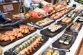 Delicious Japanese fresh shashimi sushi buffet spread at restaurant Royalty Free Stock Photo