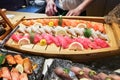 Delicious Japanese fresh shashimi sushi buffet spread at restaurant Royalty Free Stock Photo