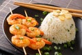 Delicious Japanese garlic fried rice served with shrimp kebabs close-up in a plate. horizontal Royalty Free Stock Photo