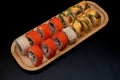 Delicious Japanese rolls with salmon, avocado, cucumber, cheese on wooden plate with selective focus on black background Royalty Free Stock Photo