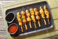 Delicious Japanese-style chicken skewers served with two sauces close-up on a plate. Horizontal top view Royalty Free Stock Photo