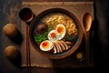 delicious japanese tonkotsu ramen bowl with egg and soy sauce