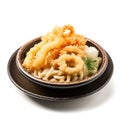 Delicious Japanese Udon Noodles with Crispy Tempura on a Plate.