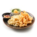 Delicious Japanese Udon Noodles with Crispy Tempura on a Plate.