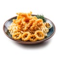 Delicious Japanese Udon Noodles with Crispy Tempura on a Plate.