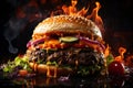 Delicious juicy big burger with meat, cheese and vegetables, hamburger with smoke and flames, AI Generated Royalty Free Stock Photo