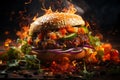 Delicious juicy big burger with meat, cheese and vegetables, hamburger with smoke and flames, AI Generated Royalty Free Stock Photo