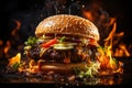 Delicious juicy big burger with meat, cheese and vegetables, hamburger with smoke and flames, AI Generated Royalty Free Stock Photo