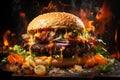 Delicious juicy big burger with meat, cheese and vegetables, hamburger with smoke and flames, AI Generated Royalty Free Stock Photo